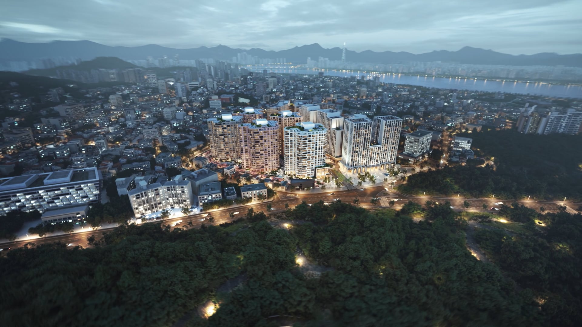 더파크사이드 서울 야간 항공 조감도